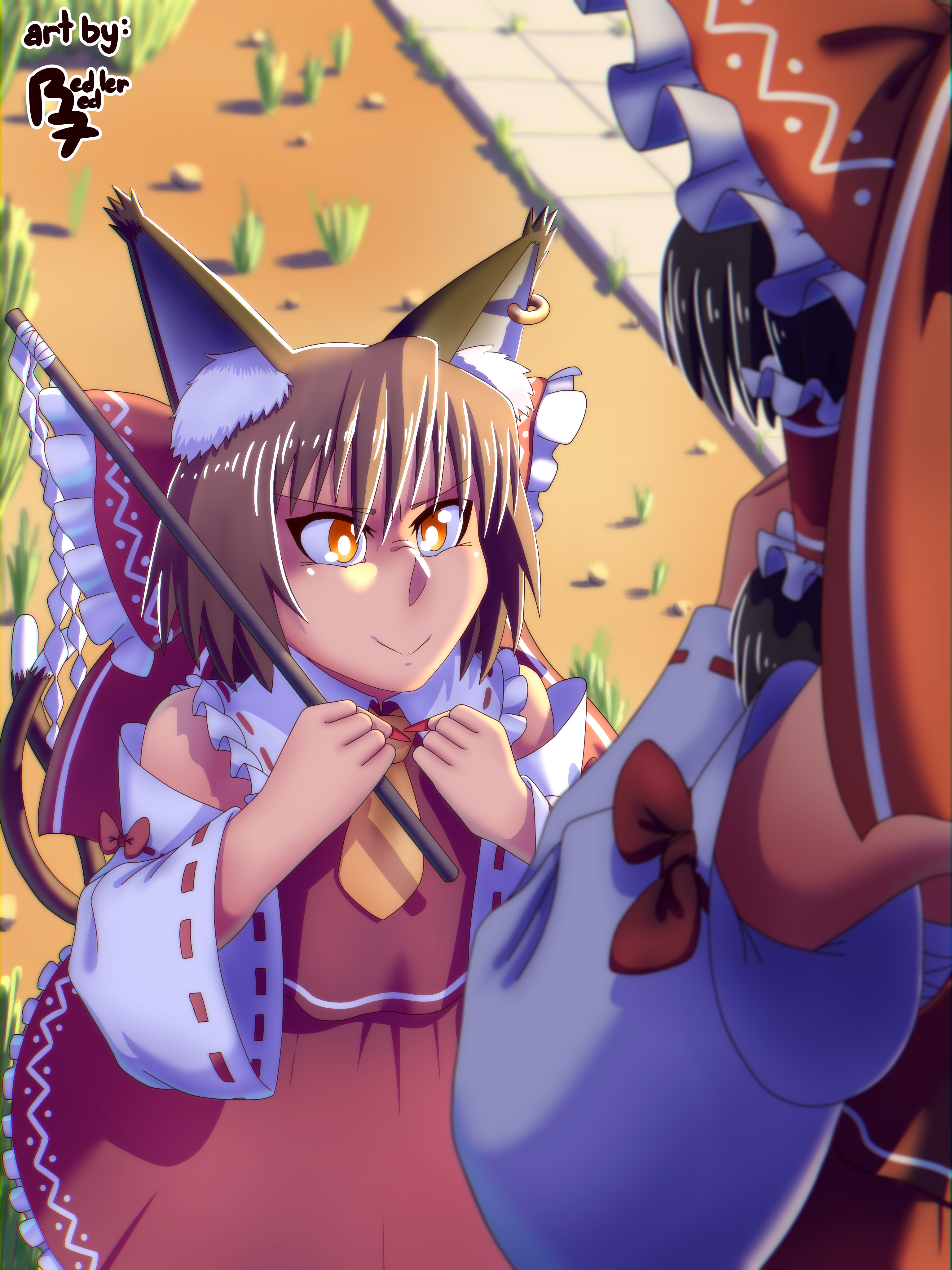 Cover art: Chen in a Hakurei miko outfit enthusiastically fist pumping at Reimu while Reimu pinches the bridge of her nose